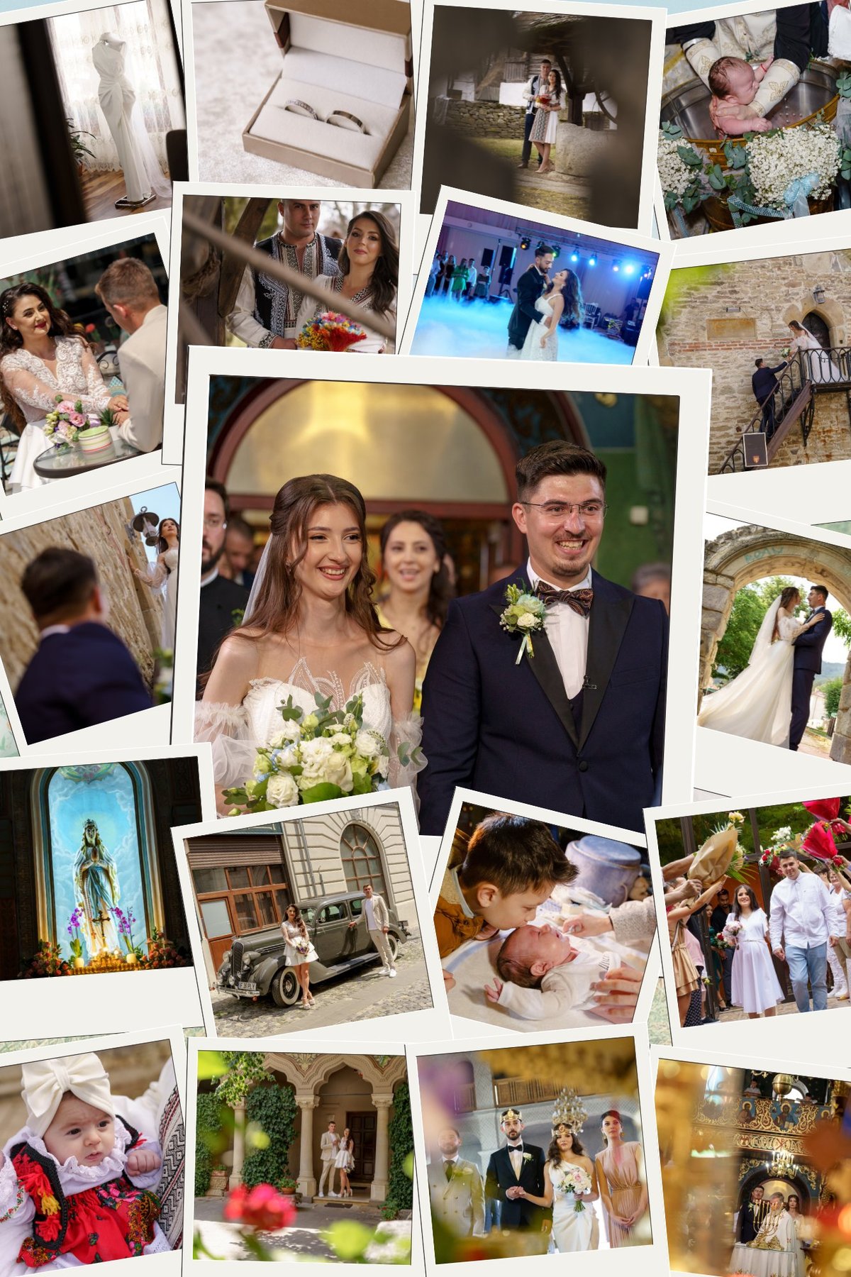 Collage of wedding photos featuring bride and groom with various celebration moments, ceremonies, and family gatherings
