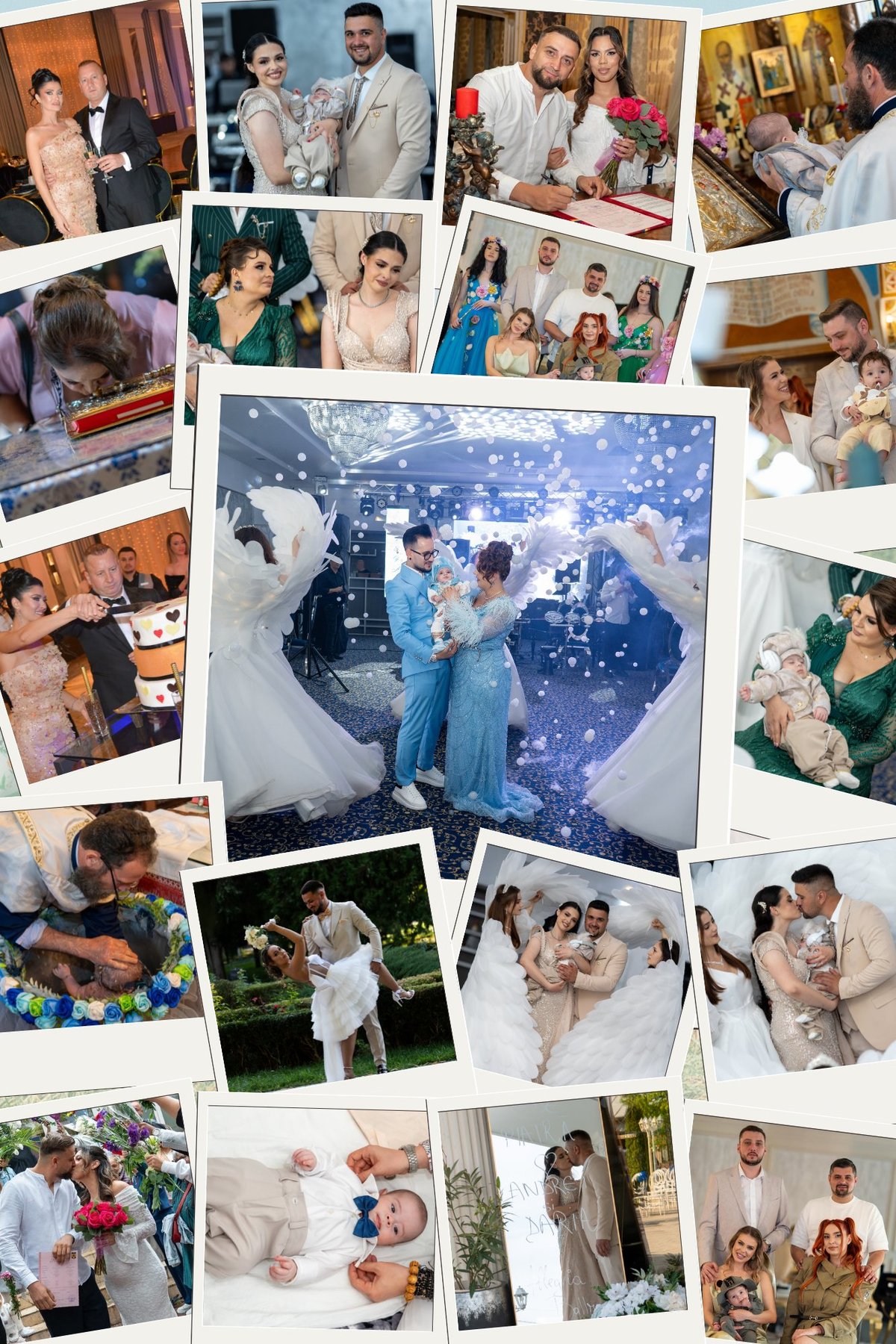 Collage of wedding and celebration photographs showing couples, families, and guests at various events and occasions